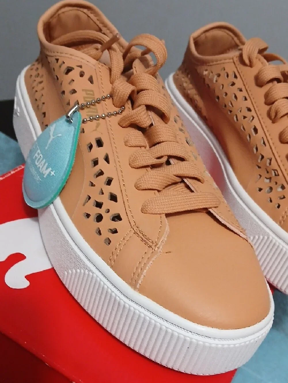 Puma Tan Laser-Cut Platform Sneakers with White Sole - US Size 6.5 Womens NIB - Picture 4 of 8